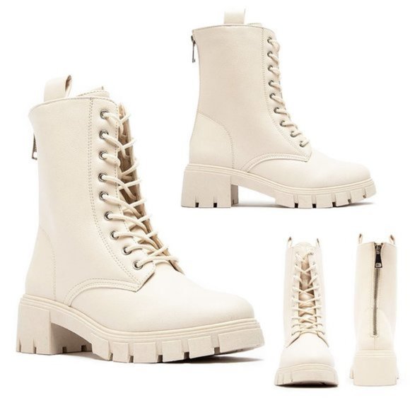 NEW Laced Up Lug Sole Zipper Back Faux Leather Combat Boots Booties Stone Ivory - Picture 10 of 10